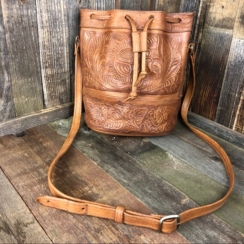 Vintage Tooled Leather Bucket Bag